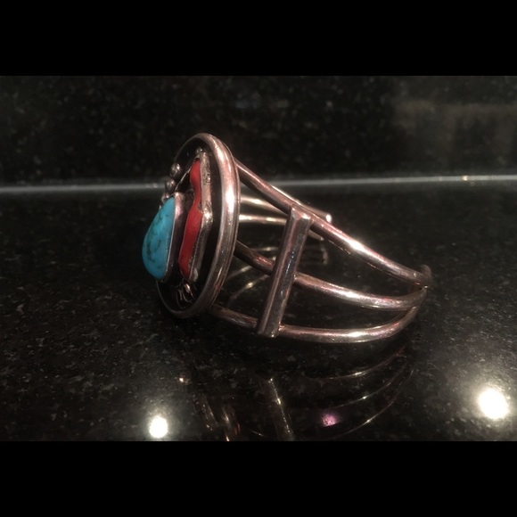 Navajo Sterling Turquoise Real Red  Coral Cuff - Picture 14 of 14